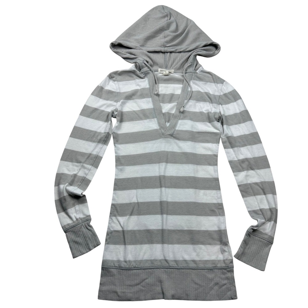 VTG Y2K Aeropostale Grey White Striped Deep V-Neck Long Sleeve Hoodie Top Small